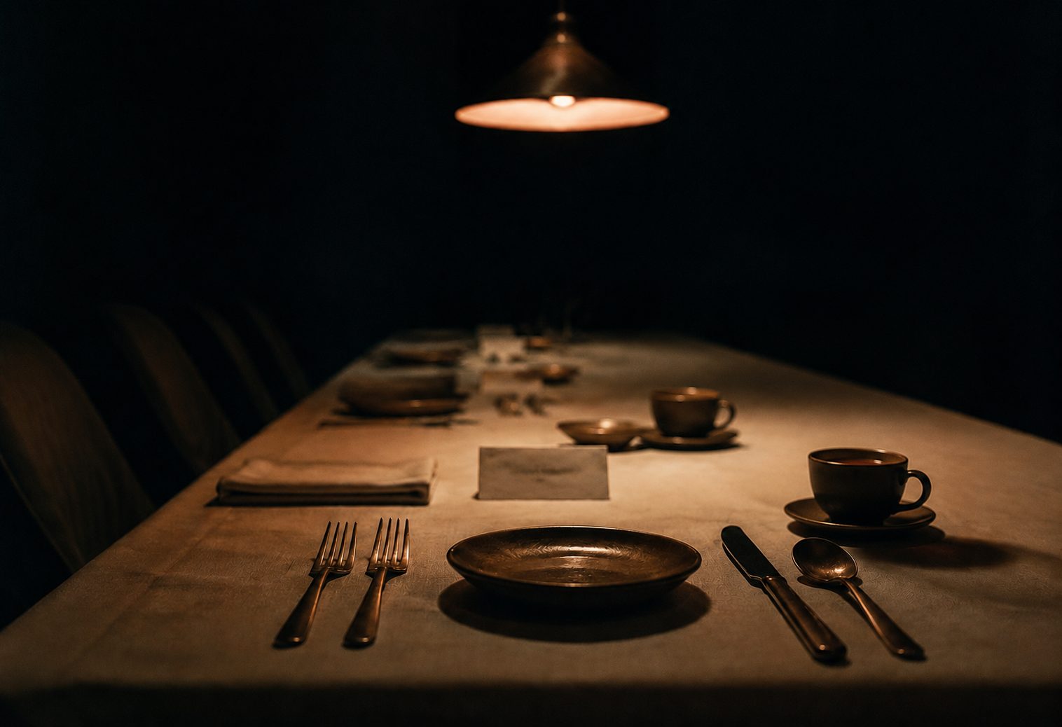 A long dinner table set for a private table, lit by a single low pendant.